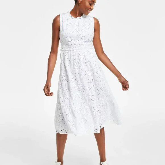 knee length dresses for ladies Geo Eyelet Knit Combo Midi Dress in Ecru